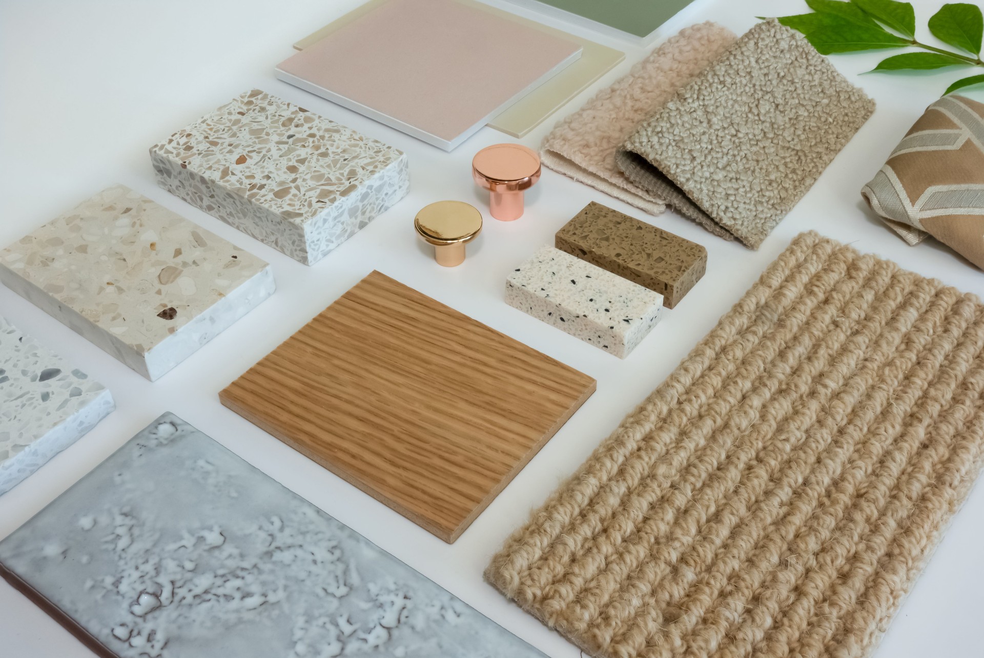 Eclectic Interior Design Material Sample Board with Fabrics, Terrazzo, Wood, and Ceramic Tiles for Home Decoration Mood Board Concept